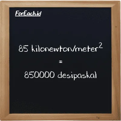 Cara konversi kilonewton/meter<sup>2</sup> ke desipaskal (kN/m<sup>2</sup> ke dPa): 85 kilonewton/meter<sup>2</sup> (kN/m<sup>2</sup>) setara dengan 85 dikalikan dengan 10000 desipaskal (dPa)